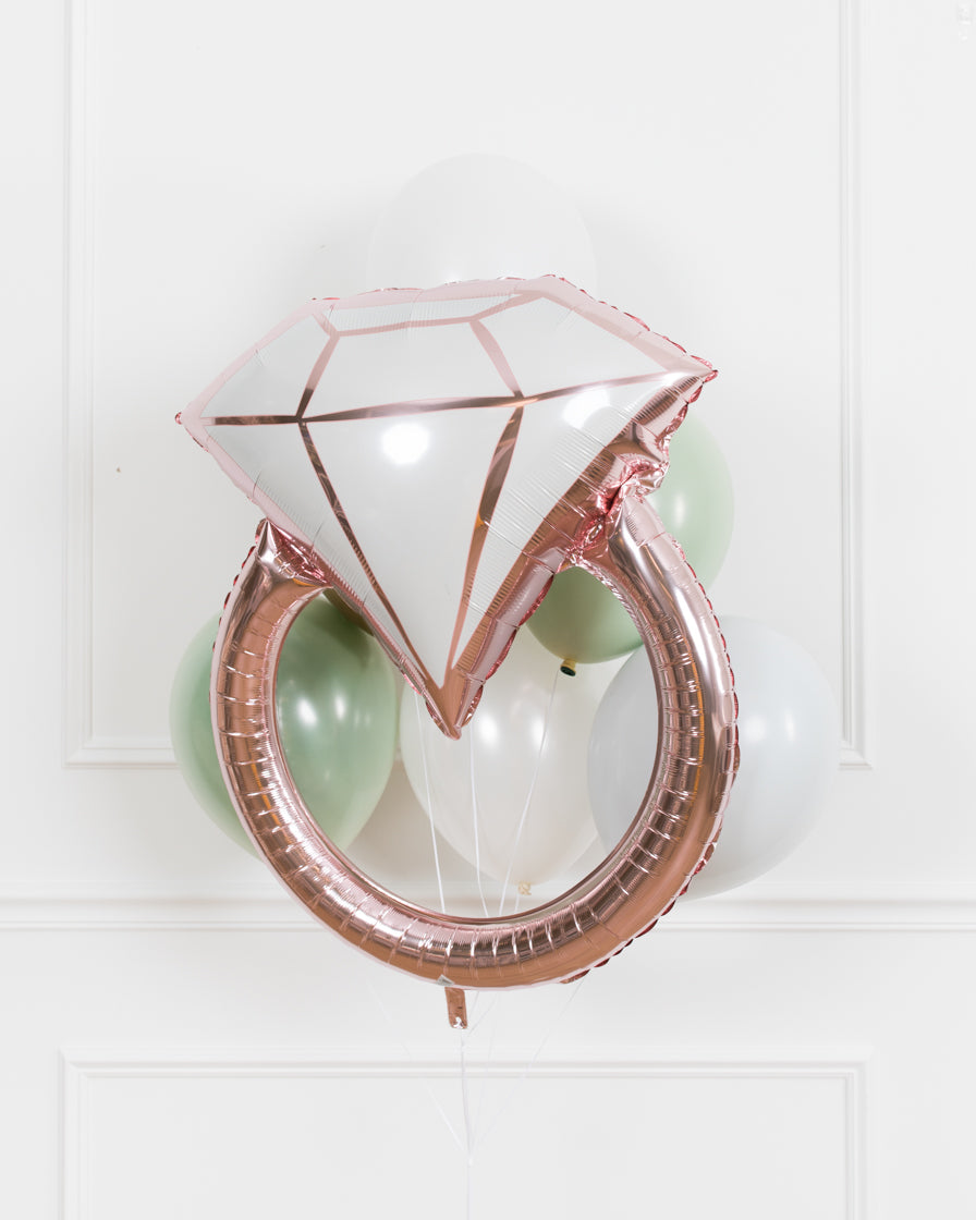 bridal-diamond-ring-rose-gold-botanical-theme-bride-bouquet-balloon