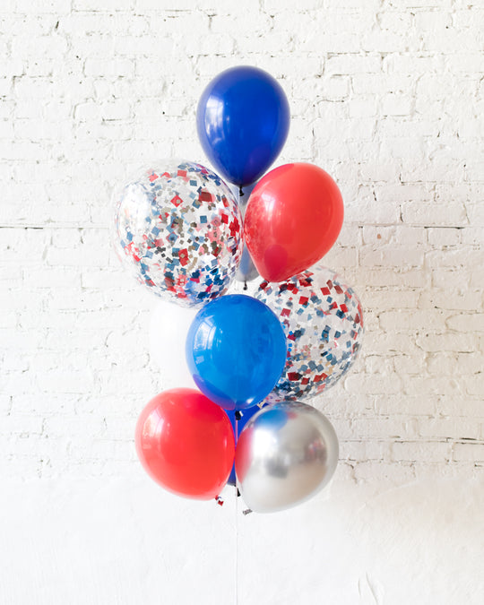Red, White and Blue Palette Confetti and 11in Balloons - bouquet of 10