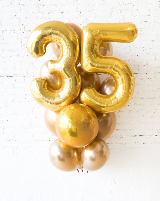 Golden - Foil Number and latex Balloons - bouquet of 13