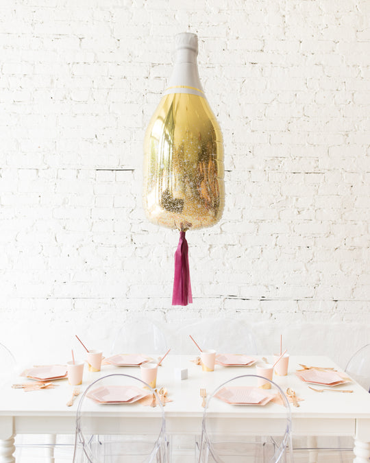 36in Gold Champagne Bottle Foil Balloon with Burgundy Skirt Centerpiece