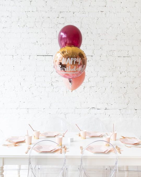 Berry Blush - Happy Birthday Foil and 11in Balloons Centerpiece - bouquet of 3