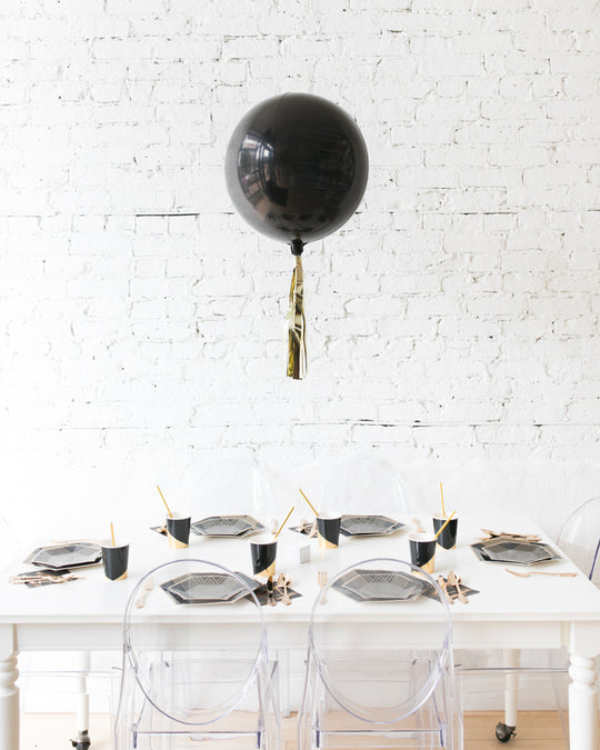 16in Black Orb Foil Balloon with Gold Skirt Centerpiece