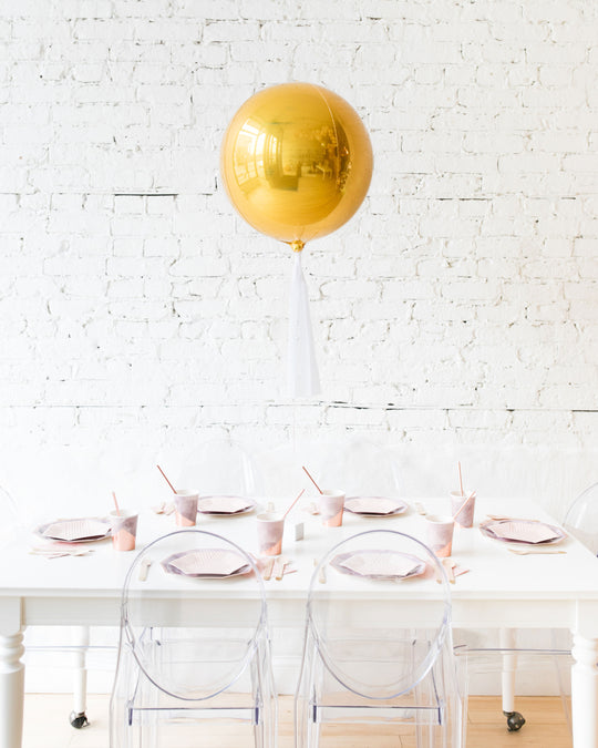 16in Gold Orb Foil Balloon and White Skirt Centerpiece