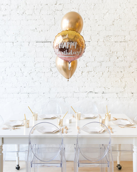 Golden - Happy Birthday Foil and 11in Balloons Centerpiece - bouquet of 3