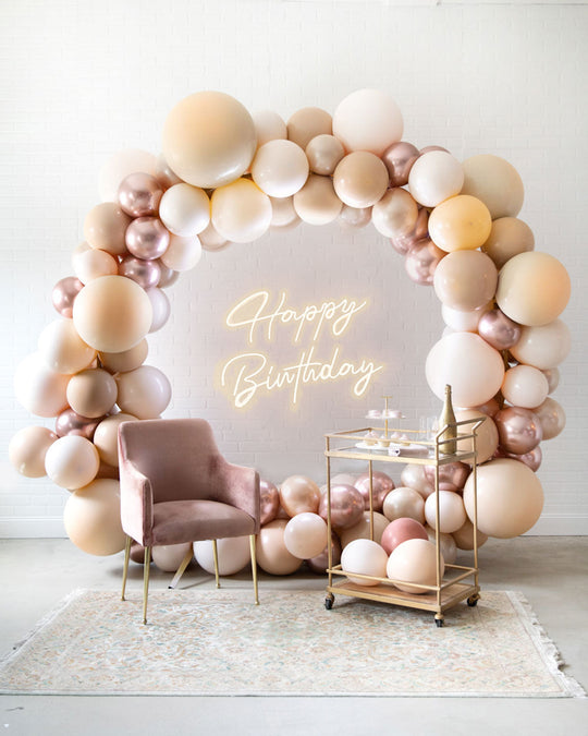 Golden- Circle Frame with Happy Birthday Neon Sign