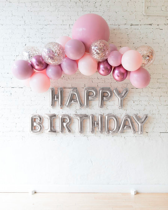 Modern Mauve - Floating Balloon Arch & Happy Birthday Foil Letters Set