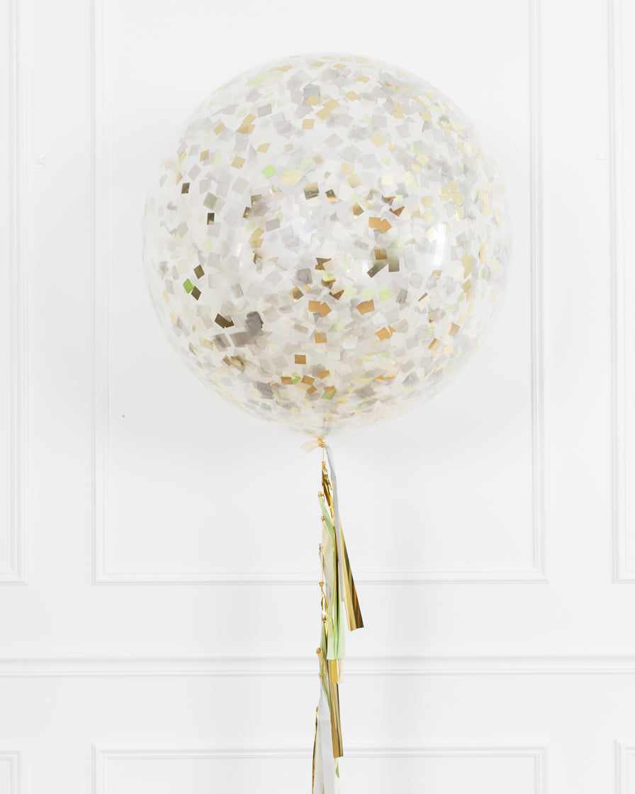 sage-grey-gold-confetti-giant-balloon-with-tassel- botanical-theme-bride-bouquet