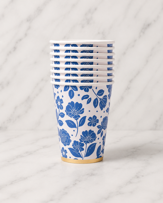 Bonjour Fête - Belle Blue Elegant Floral Cups - pack of 8