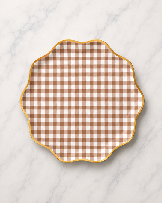 Bonjour Fête - Mocha Brown Gingham Scalloped Plates - Pack of 8