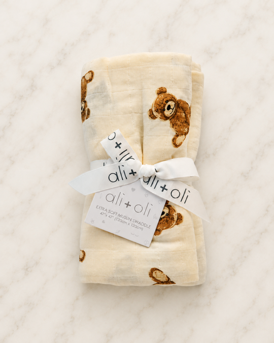 Ali+Oli - Bamboo Muslin Swaddle Baby Blanket (Teddy Bear)