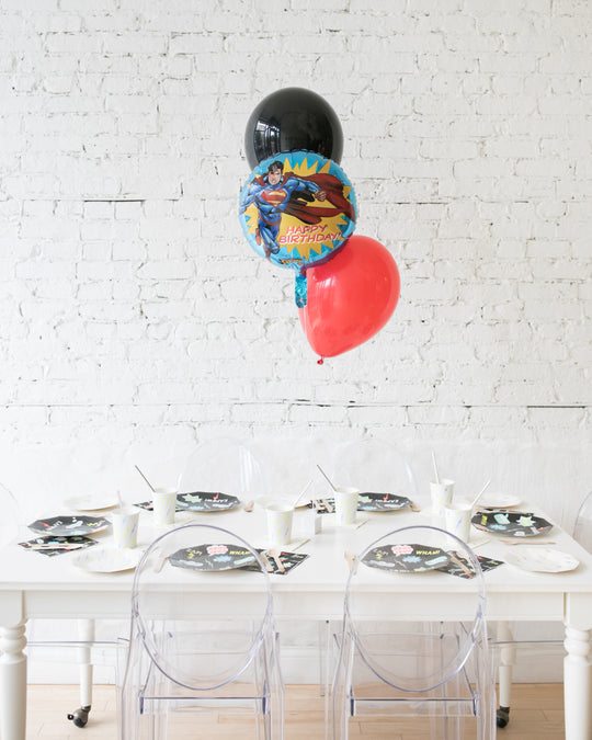 Superman Happy Birthday Foil and 11in Balloons Centerpiece - bouquet of 3