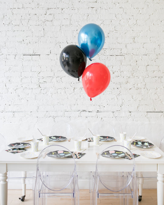 Superhero Theme - Black, Red & Blue 11in Balloons Centerpiece - bouquet of 3