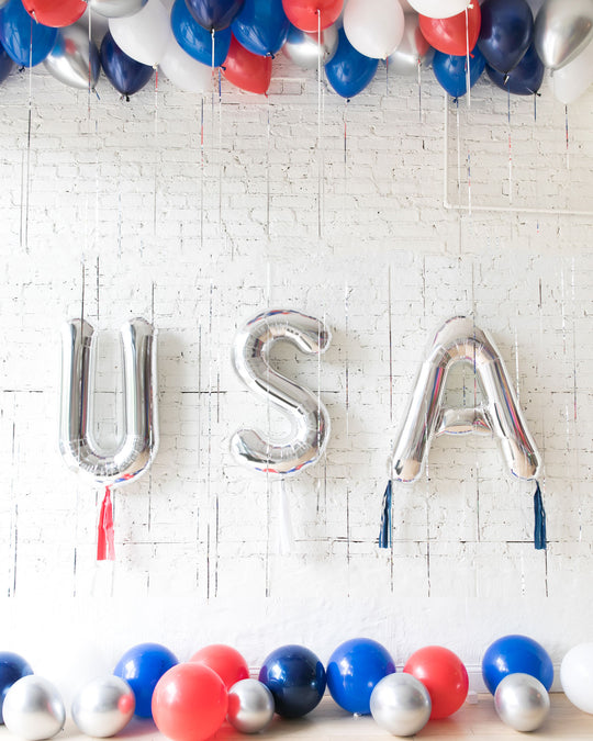 Red, White and Blue Palette Ceiling, Floor and Silver USA Balloons Set