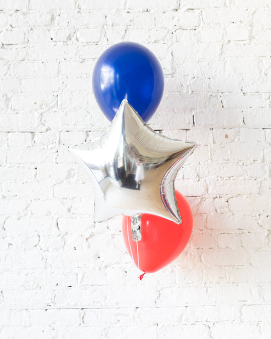 Red, Blue and Silver Palette Star and 11in Balloons - bouquet of 3