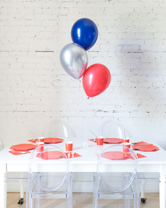 Red, Blue and Silver 11in Balloons Centerpiece - bouquet of 3