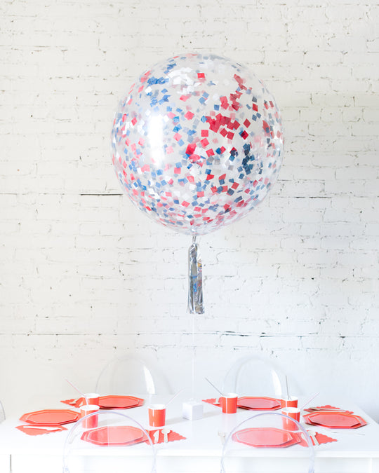 Red, White and Blue Palette Confetti Giant Balloon and Silver Skirt Centerpiece