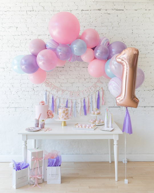 Unicorn Theme - Floating Balloon Arch, Foil Number, Bunting & Tassel Set