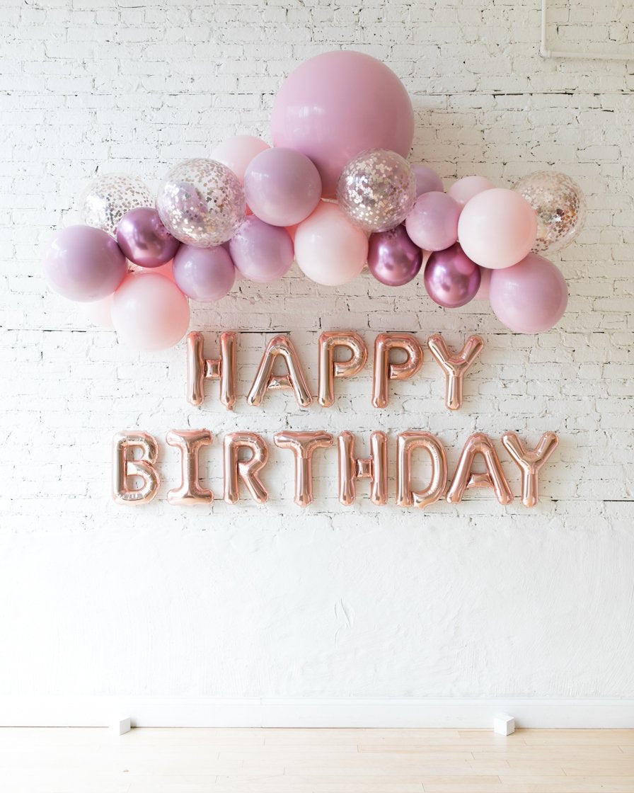 Modern Mauve - Floating Balloon Arch & Happy Birthday Foil Letters Set