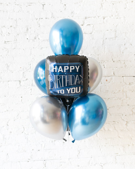 GIFT-Black, Blue and Silver Palette Happy Birthday Balloon Bouquet