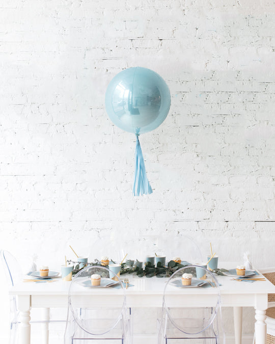 16in Pastel Blue Orb Foil Balloon and French Blue Skirt Centerpiece