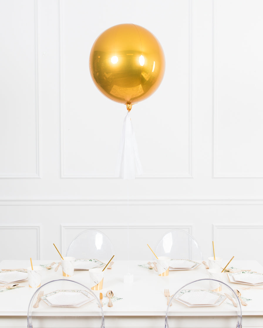 gold-orb-centerpiece-with-skirt-white-helium- botanical-theme-bride-bouquet-balloon