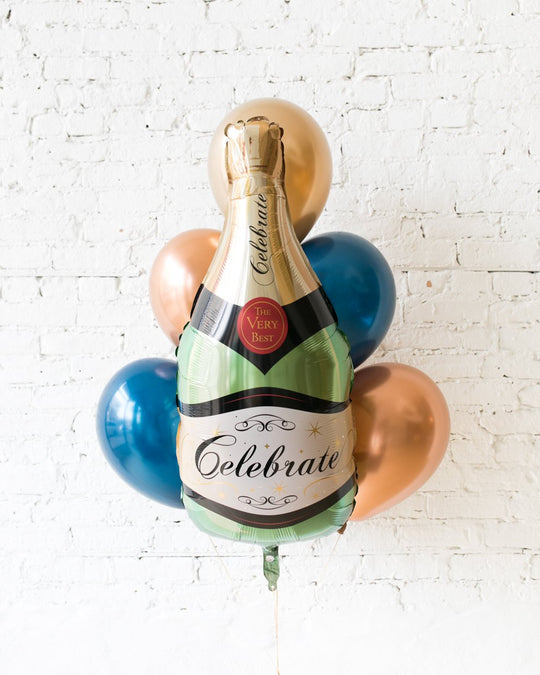 GIFT-Gold, Navy and Copper Palette Champagne Bottle Foil and 11in Balloons - bouquet of 7