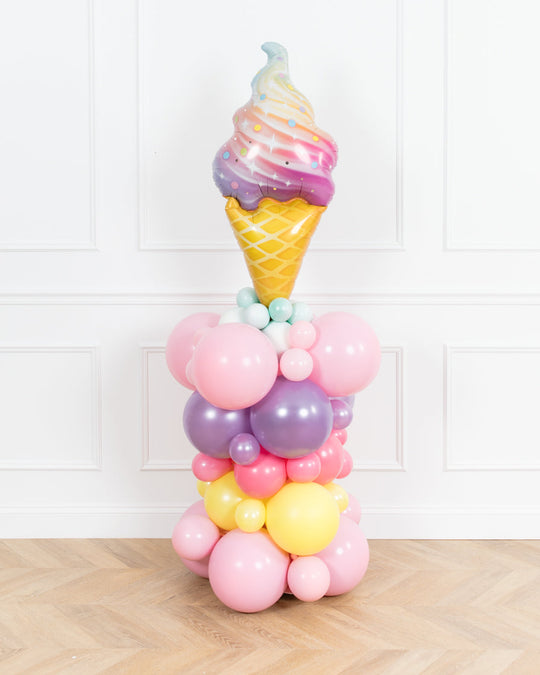 Sweet Treats Theme - Rainbow Swirl Ice Cream Foil Balloon Column - 4ft