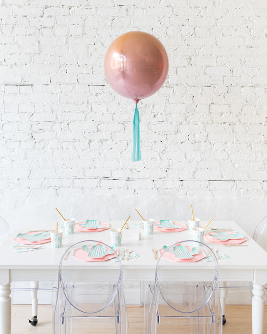16in Red Orange Ombre Orb Balloon with Mint Skirt Centerpiece
