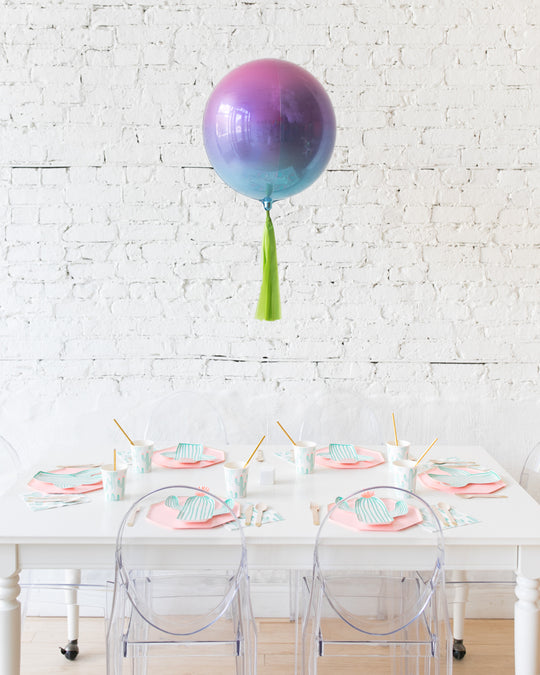 16in Pink, Purple & Blue Ombre Orb Balloon with Green Skirt Centerpiece