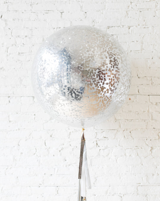 GIFT-Silver Confetti Giant Balloon and White, Grey and Silver Tassel
