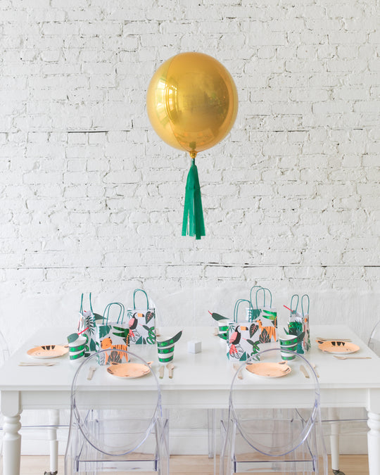 16in Gold Orb Foil Balloon and Green Skirt Centerpiece