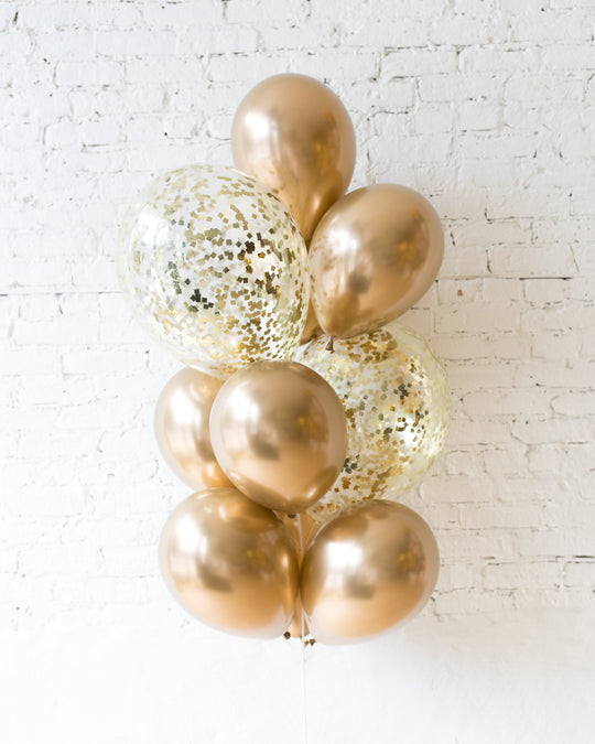 Golden - Confetti and 11in Balloons - bouquet of 10