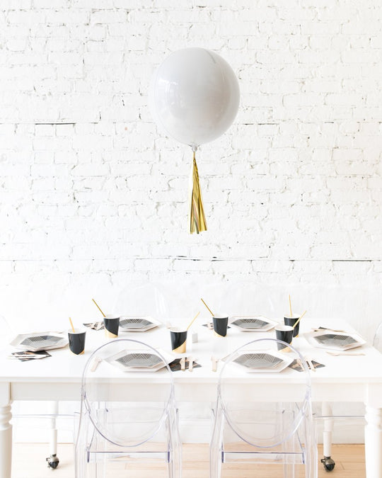 16in White Orb Foil Balloon and Gold Skirt Centerpiece