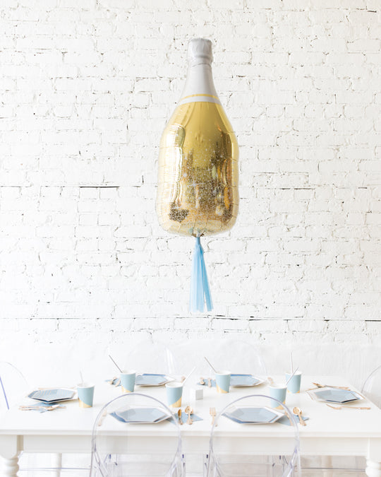 36in Gold Champagne Bottle Foil Balloon and French Blue Skirt Centerpiece