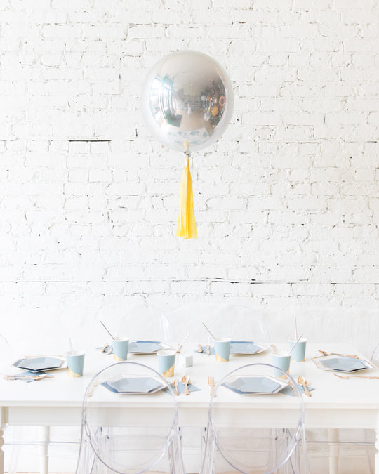16in Silver Orb Foil Balloon and Yellow Skirt Centerpiece