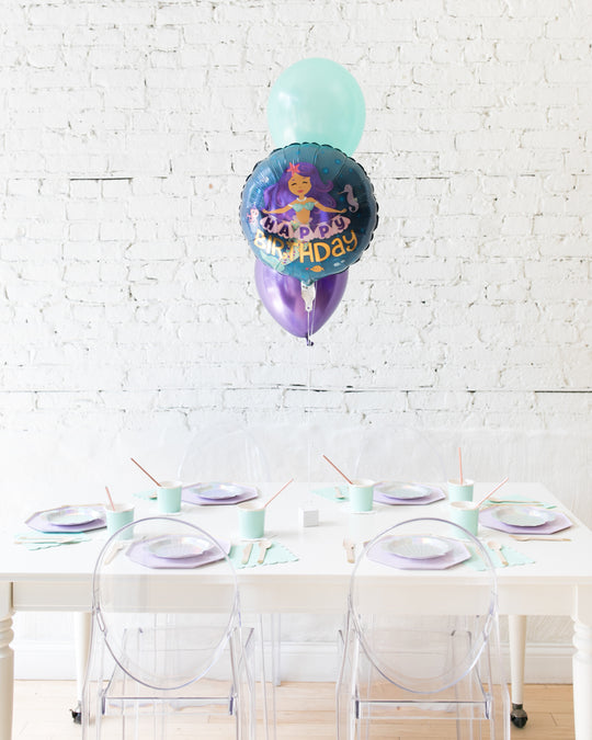 Mermaid Happy Birthday Foil and 11in Balloons Centerpiece - bouquet of 3