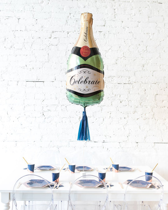 39in Classic Champagne Bottle Foil Balloon and Navy Skirt Centerpiece