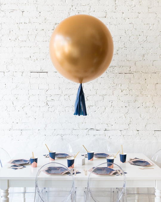Brass Gold Giant Balloon and Navy Skirt Centerpiece