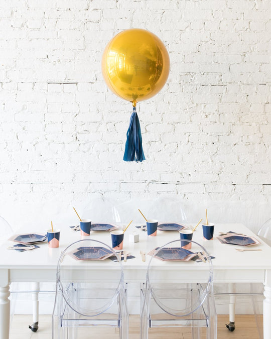 16in Gold Orb Foil Balloon and Navy Skirt Centerpiece