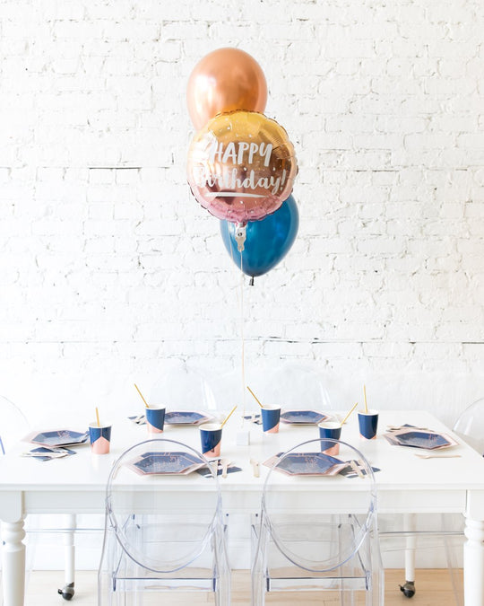 Midnight Copper - Happy Birthday Foil and 11in Balloons Centerpiece - bouquet of 3