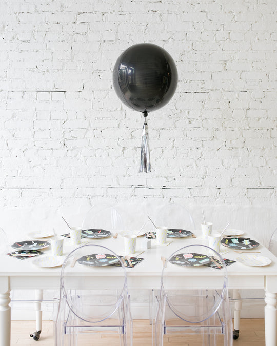 16in Black Orb Foil Balloon and Silver Skirt Centerpiece