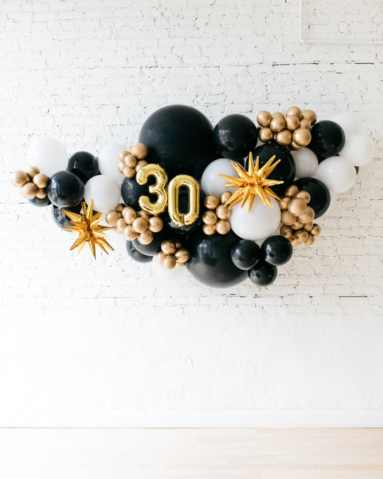 OUTDOOR-Customizable Numbers and Black, White & Gold Palette Balloon Garland
