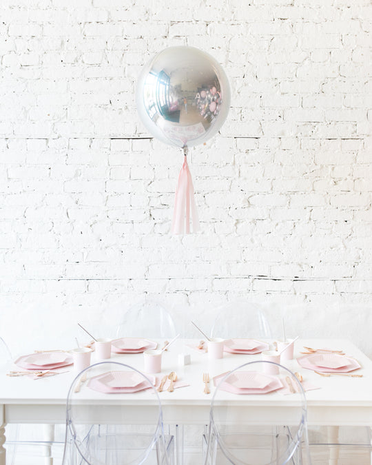 16in Silver Orb Foil Balloon with Pink Skirt Centerpiece