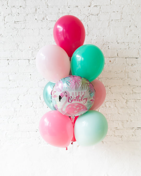 Flamingo Fling - Happy Birthday Foil and 11in Balloons - bouquet of 10