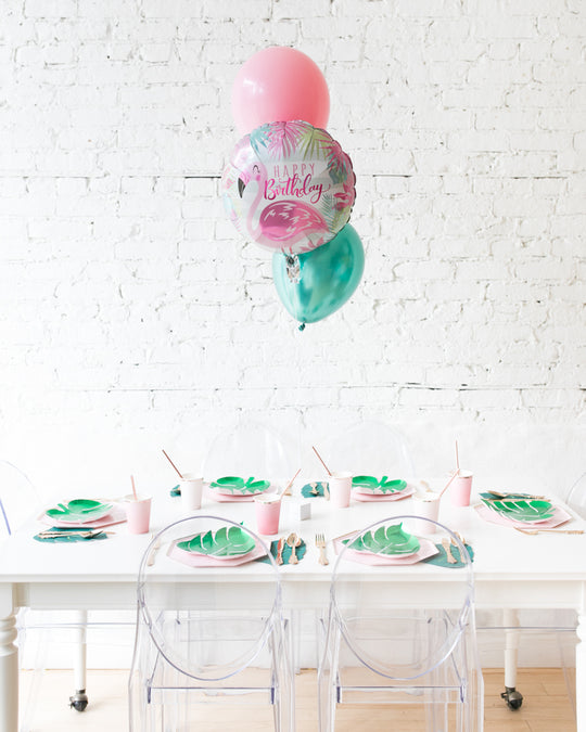 Flamingo Fling - Happy Birthday Foil and 11in Balloons Centerpiece - bouquet of 3