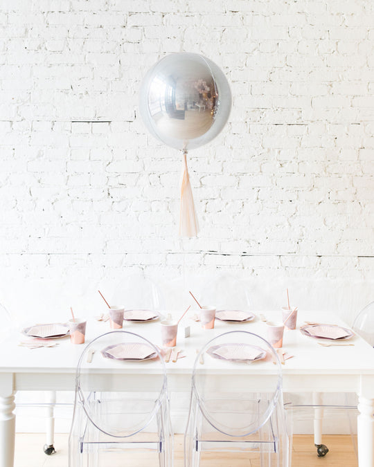 16in Silver Orb Foil Balloon and Blush Skirt Centerpiece