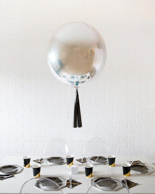 The Upside Down  - 21in Silver Orb Foil Balloon with Red Skirt Centerpiece