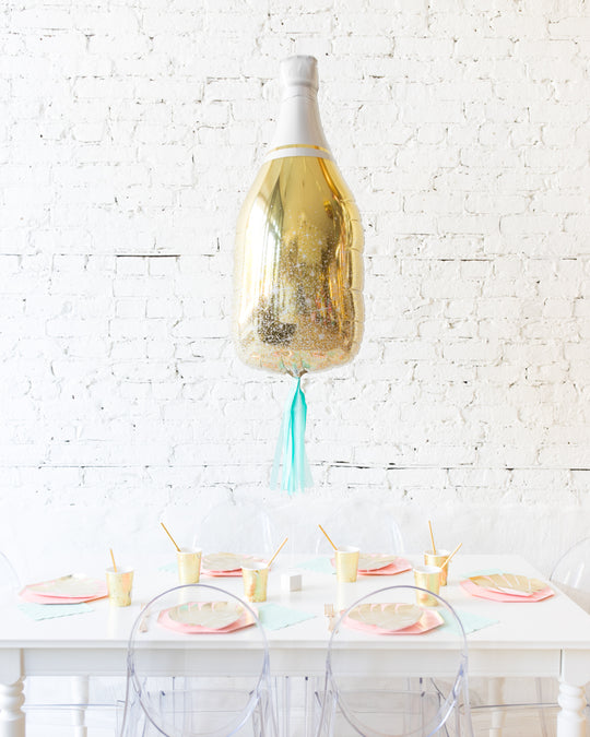 36in Gold Champagne Bottle Foil Balloon with Mint Skirt Centerpiece