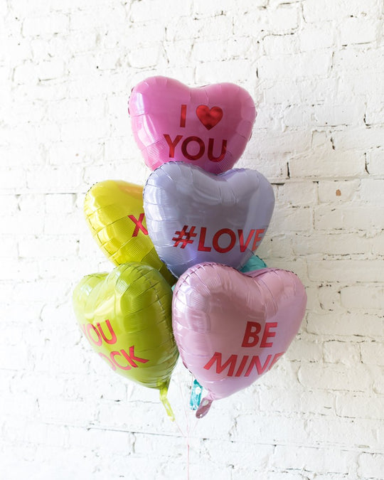 Candy Hearts Foil Balloons - bouquet of 6
